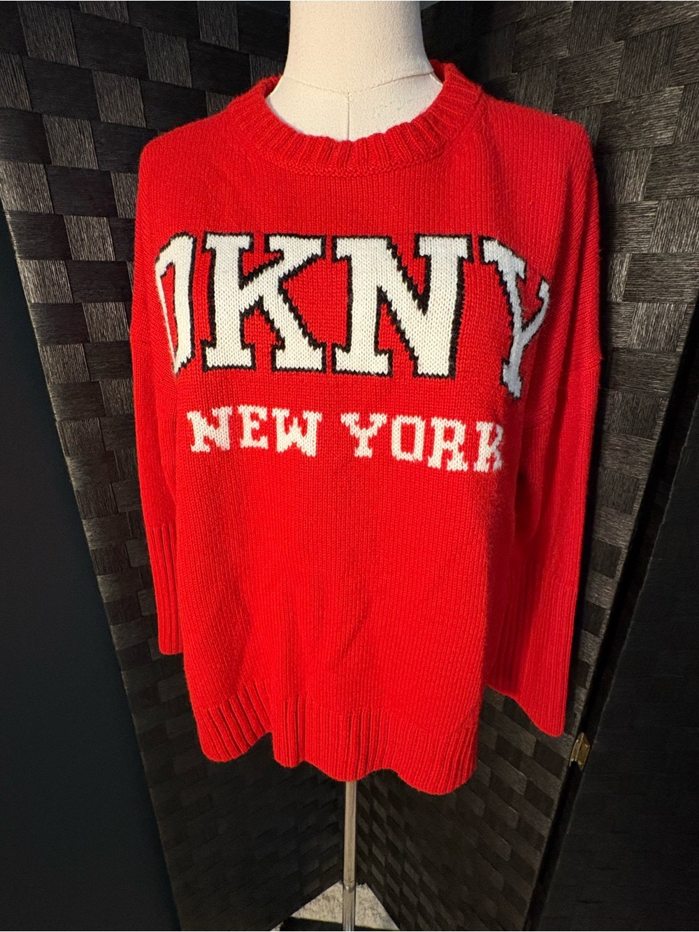 DKNY Oversized Varsity Logo Knit Sweater Red Crewneck
